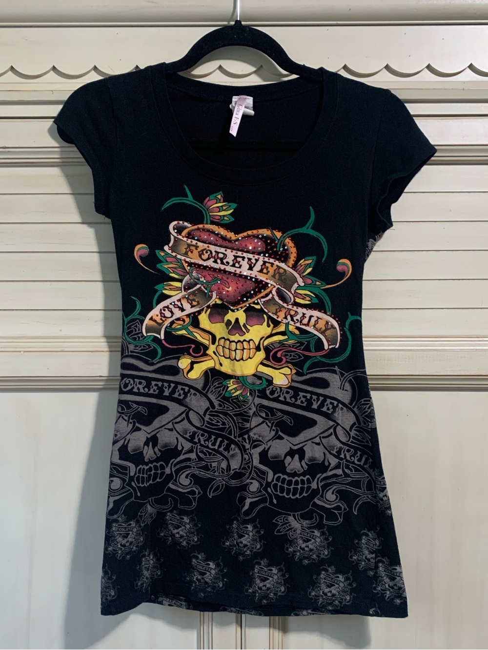 Vintage Y2K Embellished Graphic Tattoo Tee With Skull Women’s Size Small